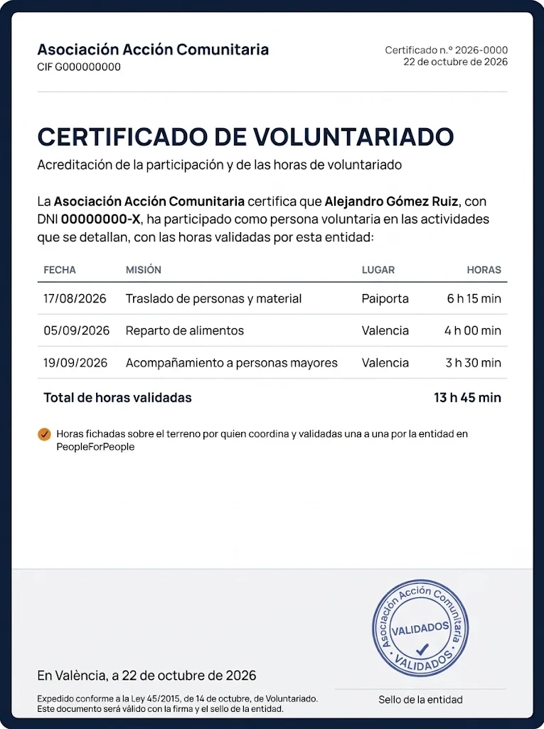 Ejemplo de certificado de voluntariado con las misiones, las horas validadas de cada una y el sello de la entidad
